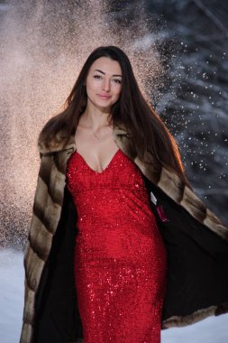 Kış ormandaki güzel genç ve güzel kadın.