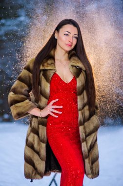 Kış ormandaki güzel genç ve güzel kadın.