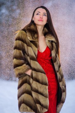 Kış ormandaki güzel genç ve güzel kadın.