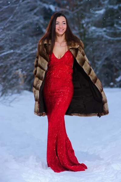 Kış ormandaki güzel genç ve güzel kadın.