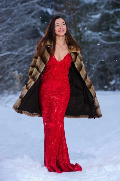 Kış ormandaki güzel genç ve güzel kadın.