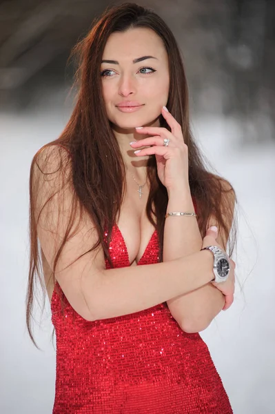 Красивая Красивая Молодая Женщина Зимнем Лесу — стоковое фото