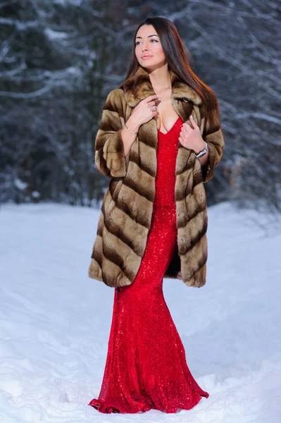 Kış ormandaki güzel genç ve güzel kadın.