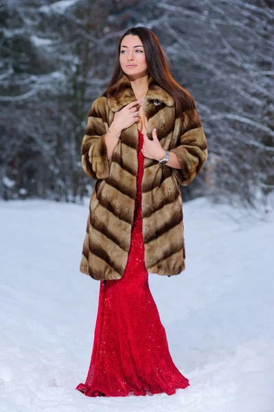 Kış ormandaki güzel genç ve güzel kadın.