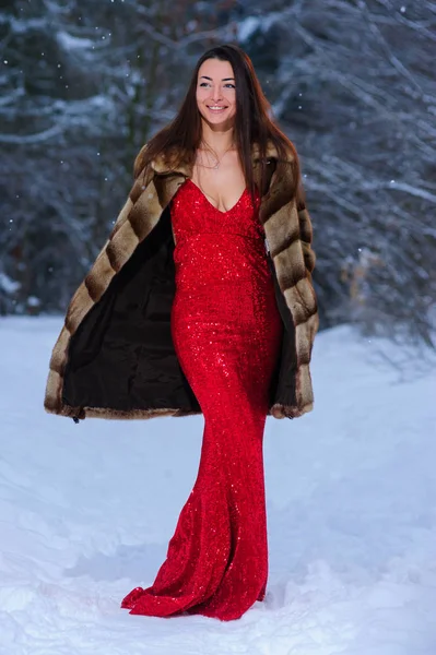 Kış ormandaki güzel genç ve güzel kadın.