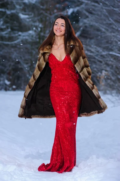 Kış ormandaki güzel genç ve güzel kadın.