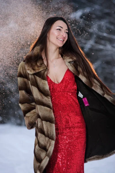 Beautiful Pretty Young Woman Winter Forest — Stock Photo, Image