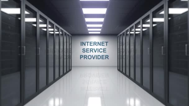 Didascalia INTERNET SERVICE PROVIDER sul muro di una sala server. Animazione 3D concettuale — Video Stock