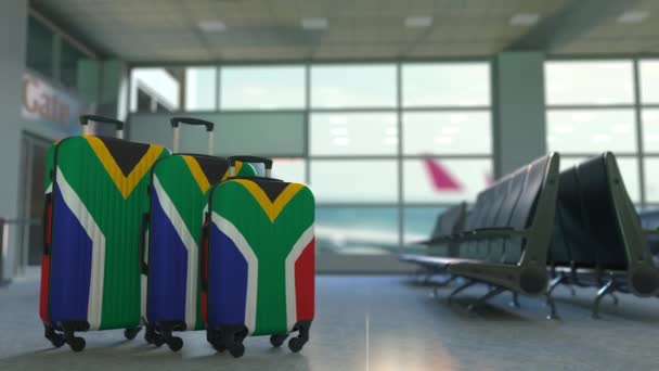 Güney Afrika bayrağı featuring bavul seyahat. En düşük SAR Turizm kavramsal animasyon — Stok video