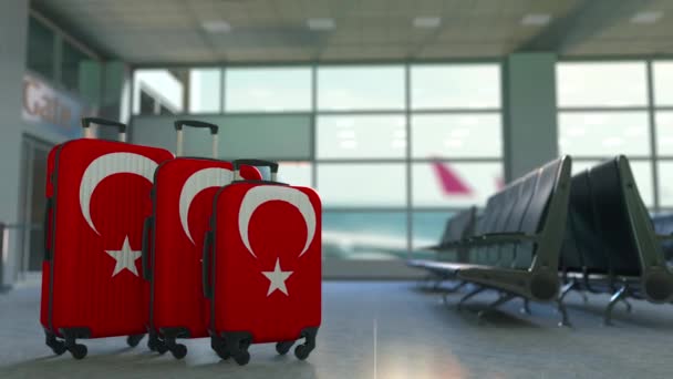 Ταξιδιωτικές βαλίτσες που χαρακτηρίζει την σημαία της Τουρκίας. Τουρκική τουριστική εννοιολογική κινούμενα σχέδια — Αρχείο Βίντεο