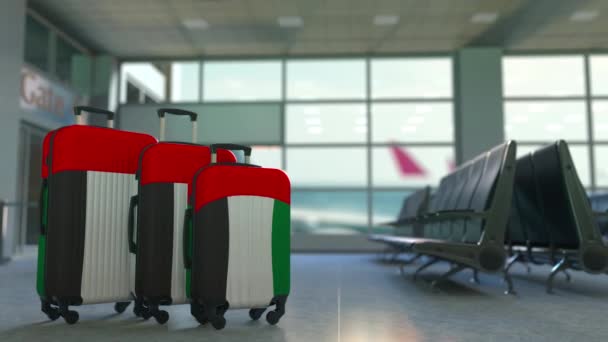 Travel suitcases featuring flag of the United Arab Emirates. UAE tourism conceptual animation — Stock Video