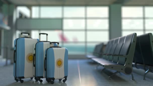 Utazási bőröndök, felvázoló, Argentína zászlaja. Argentin turizmus fogalmi animáció — Stock videók
