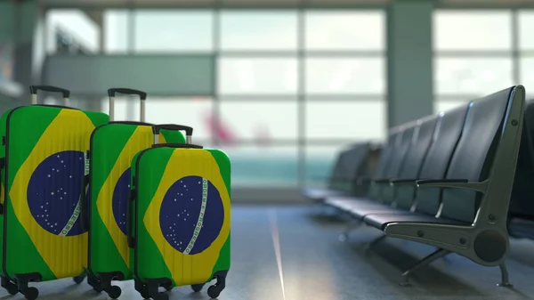 有巴西国旗的旅行手提箱。巴西旅游概念3d 渲染 — 图库照片