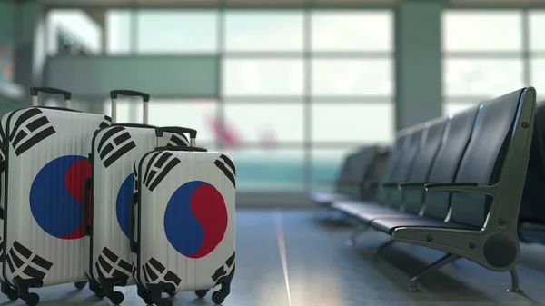 Reisekoffer mit der Flagge Südkoreas. Koreanischer Tourismus konzeptionelle 3D-Darstellung — Stockfoto