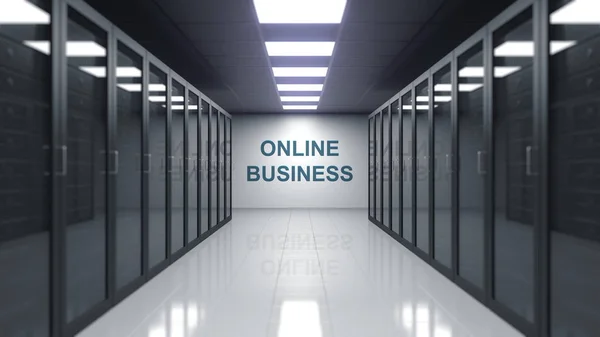 Leyenda de negocio en línea en la pared de una sala de servidores. Renderizado 3D conceptual —  Fotos de Stock