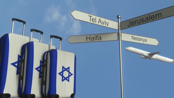 飛行機、都市サイン ポスト、イスラエルの旗を備え荷物を旅行します。イスラエル観光概念のアニメーション — ストック動画