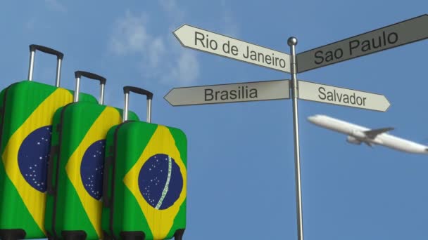 Проездной багаж с флагом Бразилии, самолетом и указателем города. Концептуальная анимация туризма в Бразилии — стоковое видео