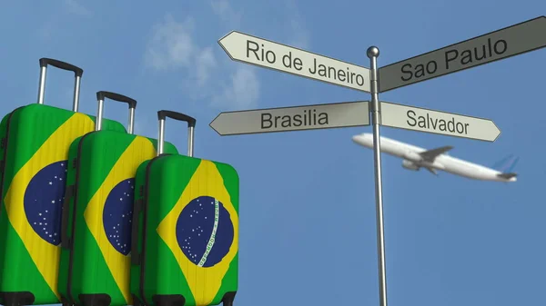 旅游行李以巴西国旗、飞机和城市标志张贴。巴西旅游概念3d 渲染 — 图库照片