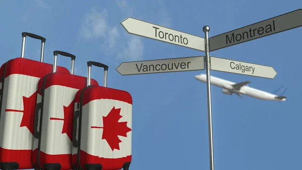 Kanada, bayrağı featuring Bagaj oturum sonrası uçak ve şehir seyahat. Kanada Turizm kavramsal 3d render — Stok fotoğraf