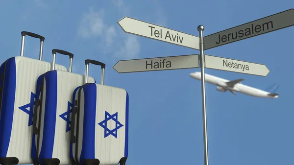 Ταξιδιωτικές αποσκευές που χαρακτηρίζει την σημαία του Ισραήλ, αεροπλάνο και πόλη διαφημιστική πινακίδα. Ισραηλινή τουρισμού εννοιολογική 3d rendering — Φωτογραφία Αρχείου