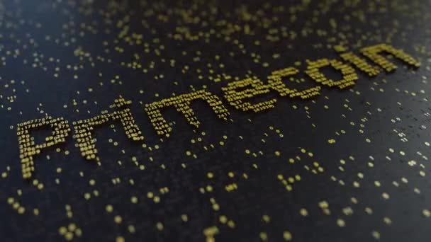 Primecoin slovo vyrobené z pohybu zlatého čísla. Těžba kryptoměn nebo transakce související koncepční animace — Stock video