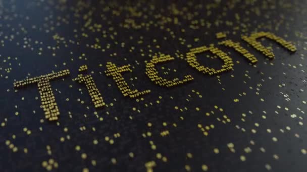 Titcoin 的词由移动的金黄数字。Cryptocurrency 挖掘或交易相关概念动画 — 图库视频影像