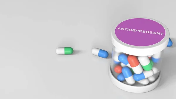 Antidepressant drug capsules in a jar. Conceptual 3D rendering — Stock Photo, Image