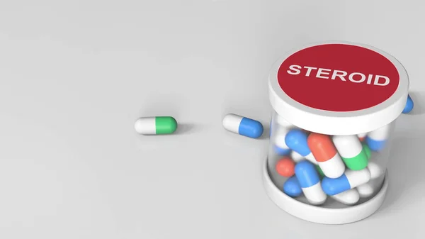 Steroid drug capsules into a jar. 3D rendering — Stock Photo, Image