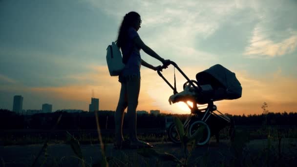 Beautiful woman walking with a stroller in city park at sunset — Stock Video