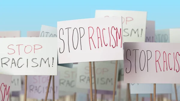 Detener las pancartas de RACISMO en la manifestación callejera. Renderizado 3D —  Fotos de Stock