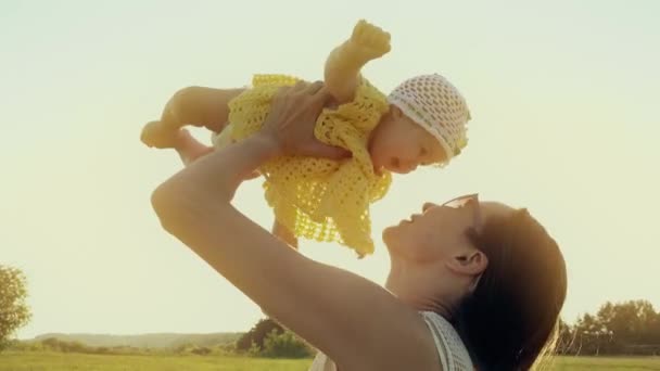 Happy mom holding her cute baby girl while walking on the summer field — Stock Video