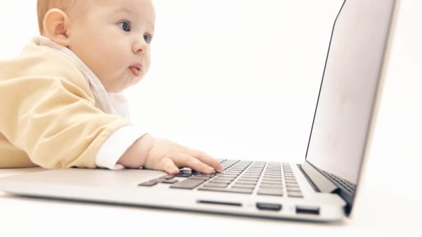 Cute baby working on a laptop — Stock Video