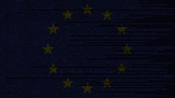 Zdrojový kód a vlajka Eu. Evropské unie digitální technologii nebo programovací související loopable animace — Stock video