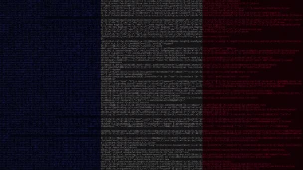 Código fuente y bandera de Francia. Tecnología digital francesa o animación loopable relacionada con la programación — Vídeo de stock