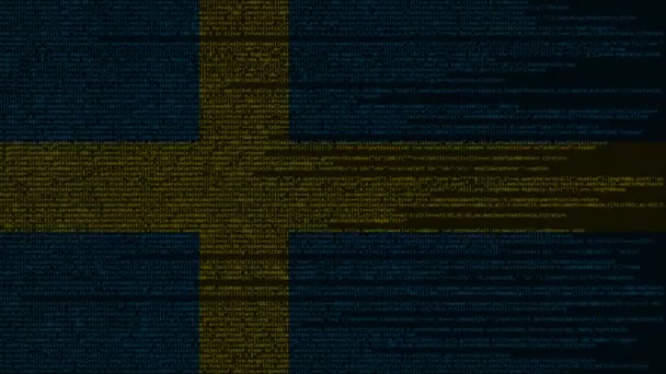 Quellcode und schwedische Flagge. Schwedische Digitaltechnologie oder programmierbare lückenhafte Animationen — Stockvideo