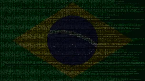 Codice sorgente e bandiera del Brasile. Tecnologia digitale brasiliana o animazione loopable relativa alla programmazione — Video Stock