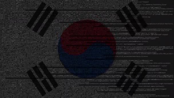 Código fonte e bandeira da Coreia do Sul. Tecnologia digital coreana ou animação loopable relacionada à programação — Vídeo de Stock