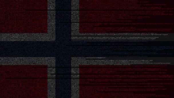 Código fuente y bandera de Noruega. Tecnología digital noruega o animación loopable relacionada con la programación — Vídeos de Stock
