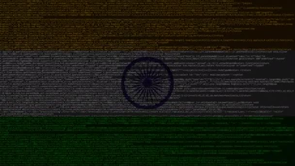 Código fuente y bandera de la India. Tecnología digital india o animación loopable relacionada con la programación — Vídeos de Stock