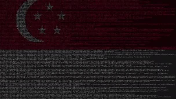Исходный код и флаг Сингапура. Цифровые технологии Сингапура или связанная с программированием анимация — стоковое видео