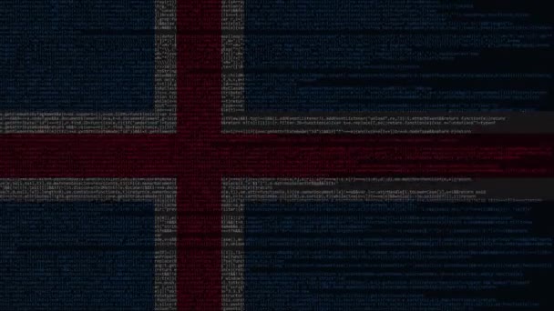 Zdrojový kód a vlajka Islandu. Islandský digitální technologii nebo programovací související loopable animace — Stock video