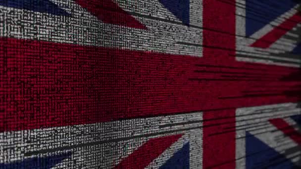 Κώδικα του προγράμματος και τη σημαία του Ηνωμένου Βασιλείου. Βρετανική ψηφιακή τεχνολογία ή προγραμματισμού σχετικές loopable κινούμενα σχέδια — Αρχείο Βίντεο