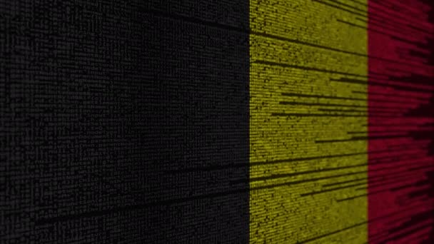 プログラム コードとベルギーの旗。ベルギーのデジタル技術や関連する単発アニメーションをプログラミング — ストック動画
