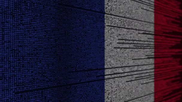 Код программы и флаг Франции. Цифровая технология или связанная с программированием анимация — стоковое видео