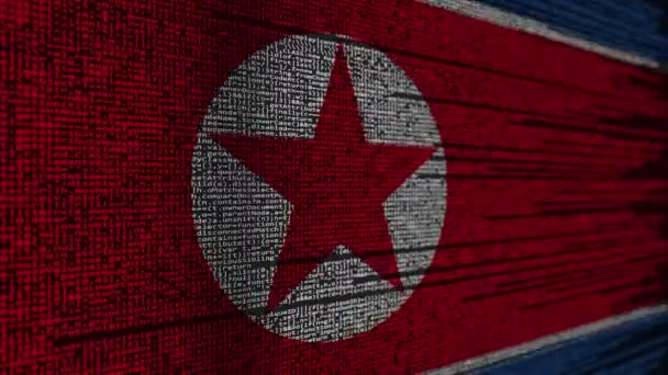 Código do programa e bandeira da Coreia do Norte. Tecnologia digital da RPDC ou animação loopable relacionada com a programação — Vídeo de Stock