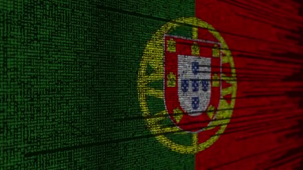 Código do programa e bandeira de Portugal. Tecnologia digital portuguesa ou animação loopable relacionada com programação — Vídeo de Stock