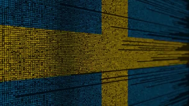 Programmcode und schwedische Flagge. Schwedische Digitaltechnologie oder programmierbare lückenhafte Animationen — Stockvideo