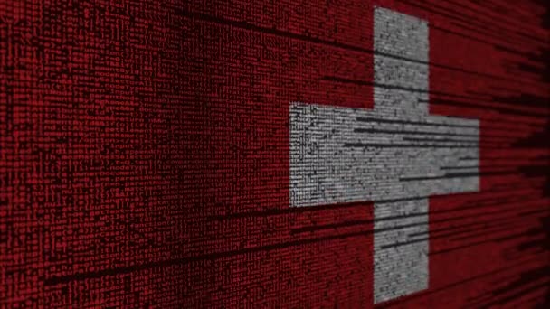 Código del programa y bandera de Suiza. Tecnología digital suiza o animación loopable relacionada con la programación — Vídeos de Stock