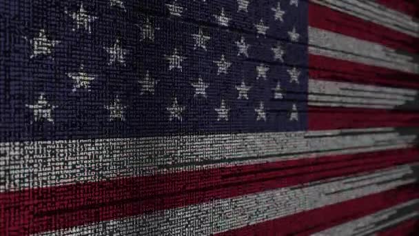 Código del programa y bandera de los Estados Unidos. Tecnología digital estadounidense o animación loopable relacionada con la programación — Vídeos de Stock