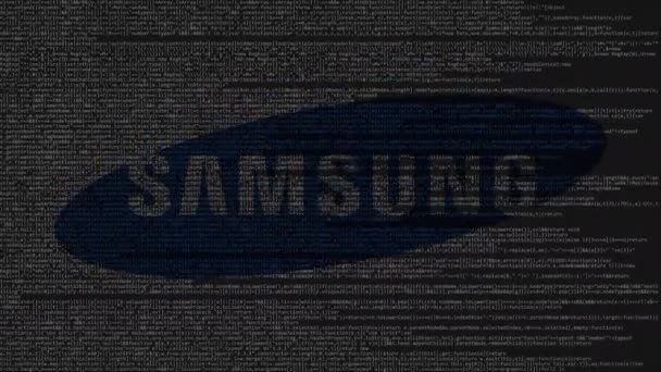 Samsung logo lavet af kildekode på computerskærmen. Redaktionel loopable animation – Stock-video